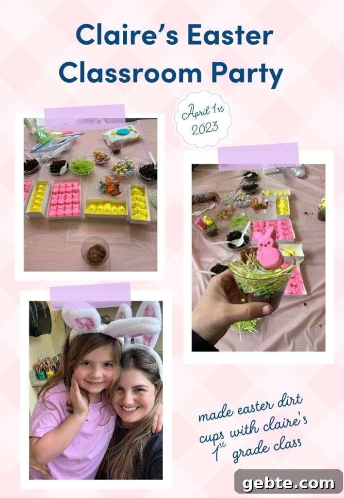 Collage of photos from 1st grade classroom party making easter dirt cups