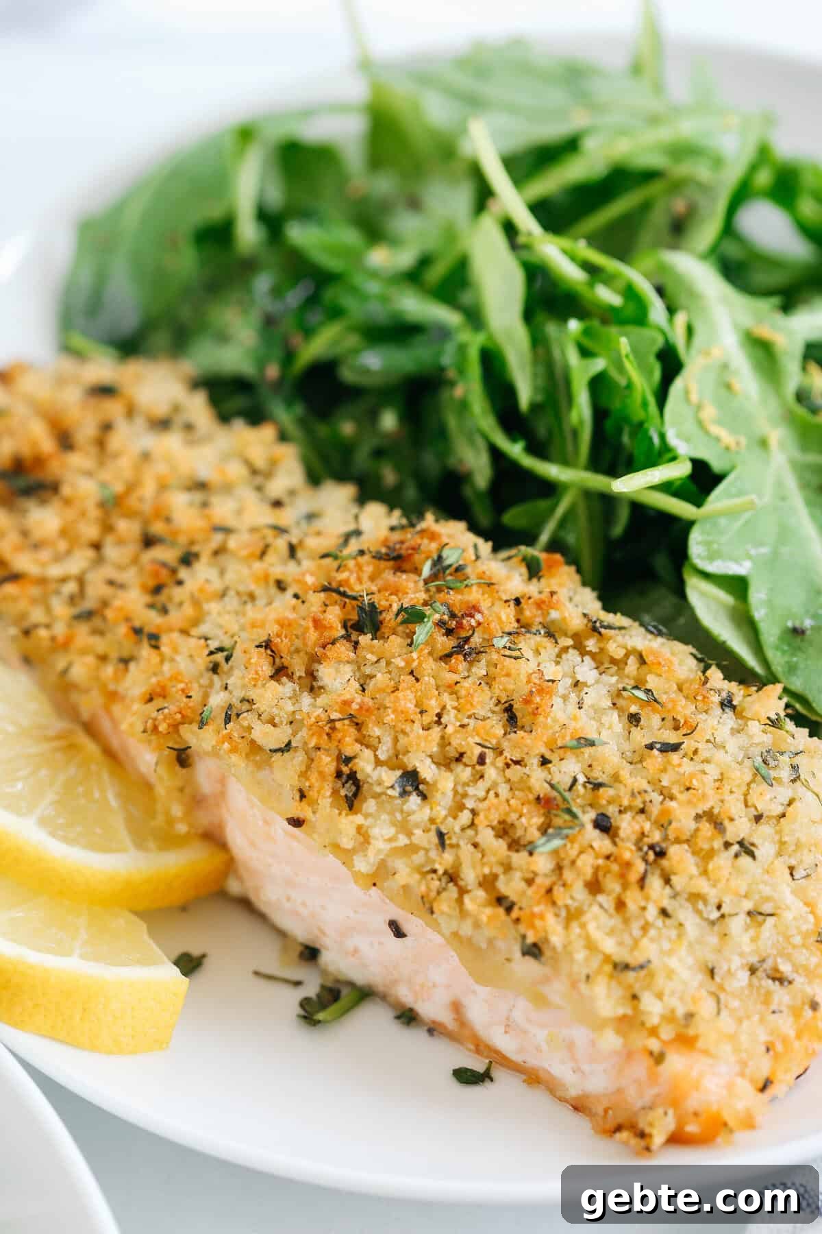 Hummus-Crusted Salmon with Lemon Arugula Salad Recipe 5 Hummus Crusted Salmon baked to perfection and served with a delicious Lemon Arugula Salad for the perfect healthy weeknight meal ready in under 30 minutes!