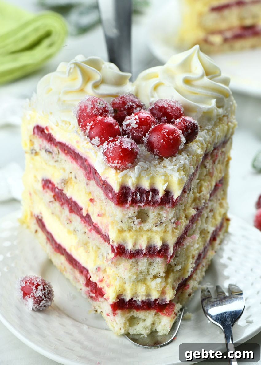 Piece of White Chocolate Cranberry Layered Cake on a white plate with cranberry decoration.