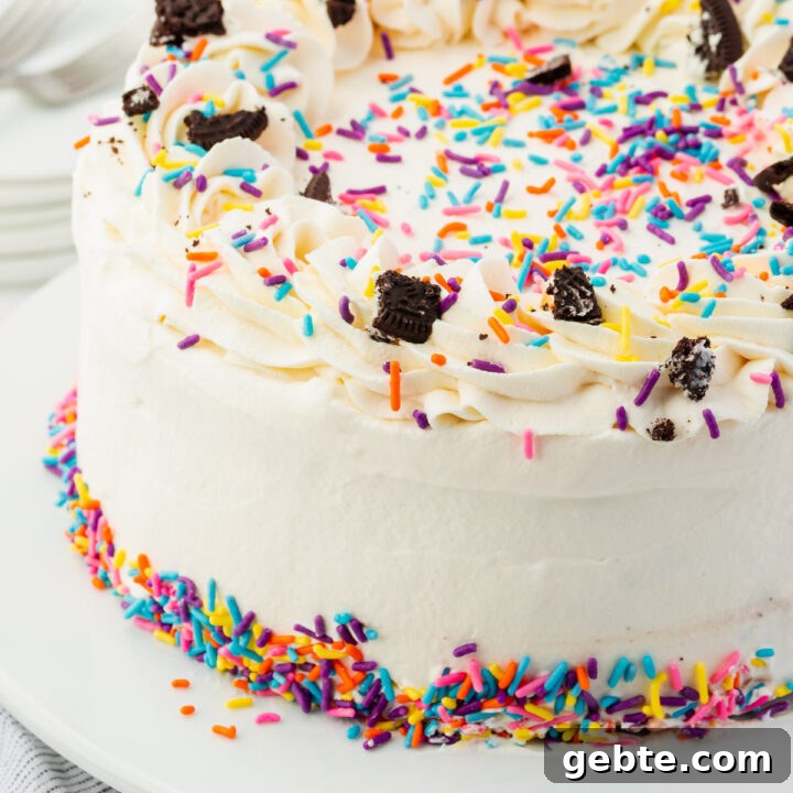 a round ice cream cake covered in frosting and topped with rainbow sprinkles and crushed Oreos.