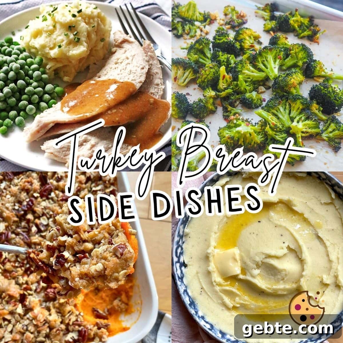 A collage of images showing sides for turkey breast - broccoli, sweet potato casserole, and mashed potatoes.