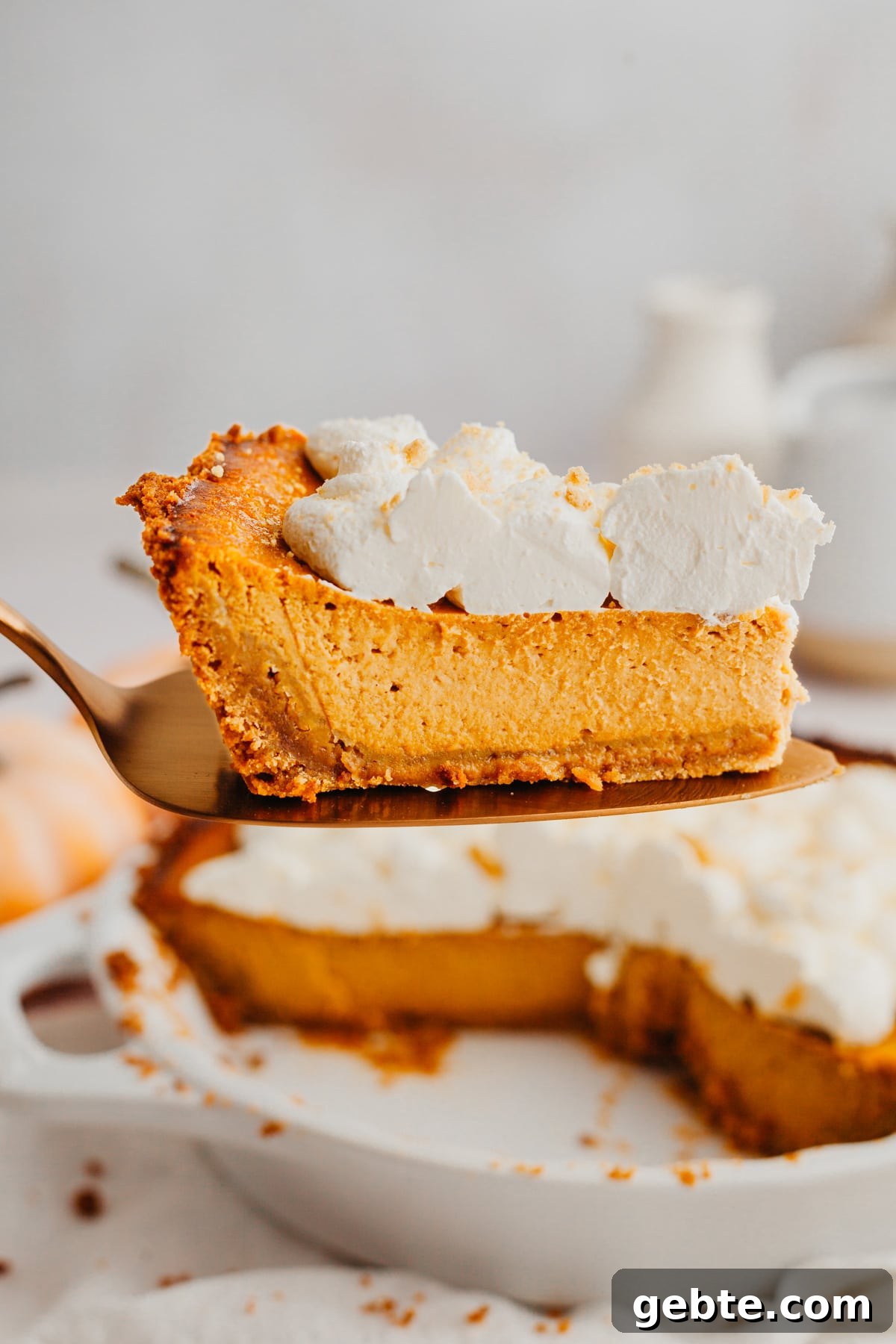 Graham Cracker Crust Pumpkin Pie Recipe for Autumn Celebrations 2 A slice of pumpkin pie topped with whipped cream.