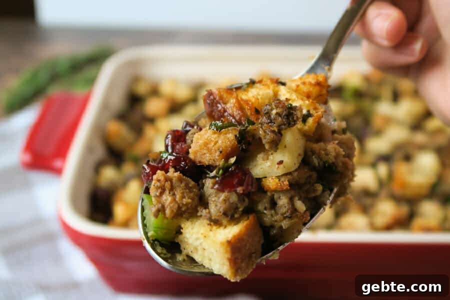 Sausage, Apple & Cranberry Stuffing with Fresh Herbs 12 bite shot of the sausage stuffing with apples, cranberries, and herbs