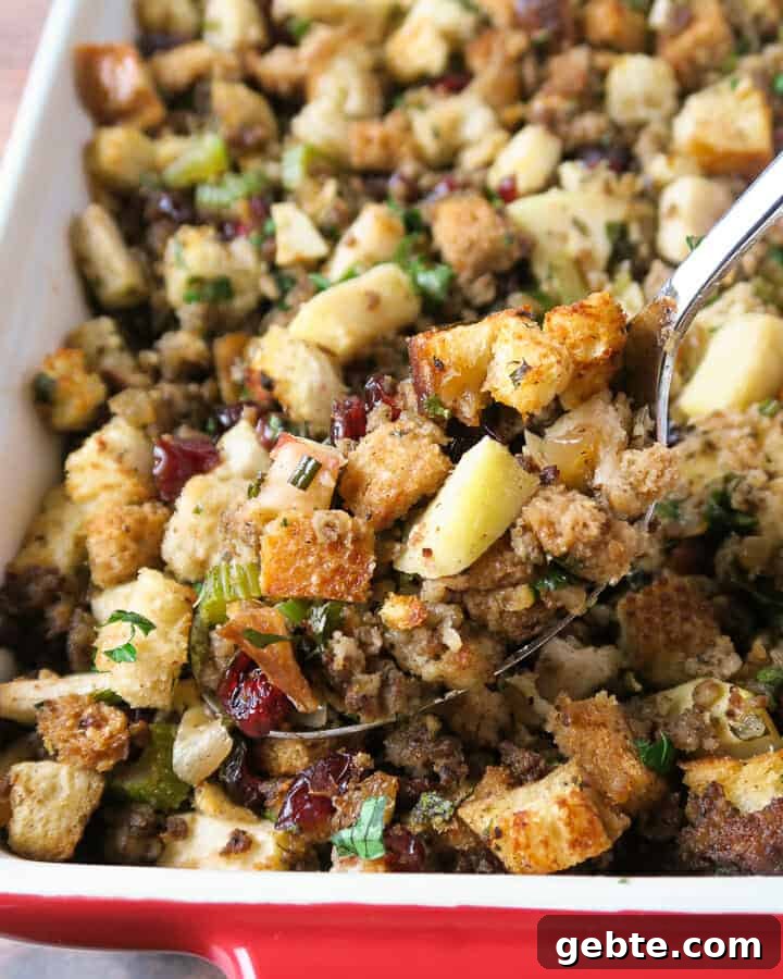 Sausage, Apple & Cranberry Stuffing with Fresh Herbs 3 close up shot of sausage stuffing with apples, cranberries, and herbs