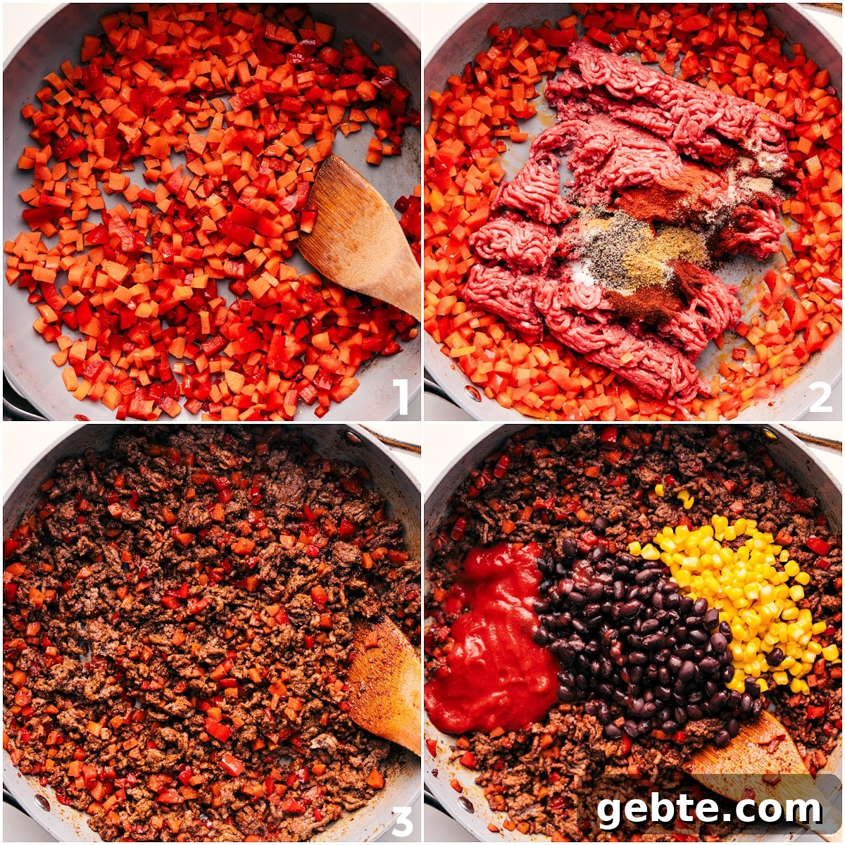 Veggies sautéed and turkey browned with seasonings, then tomato sauce, black beans, and corn added.