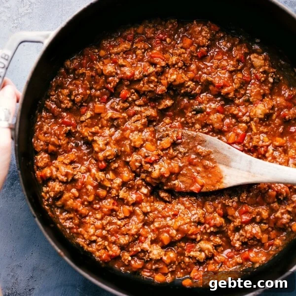 Sloppy joes with turkey, prepared and ready to be spooned onto buns for serving.