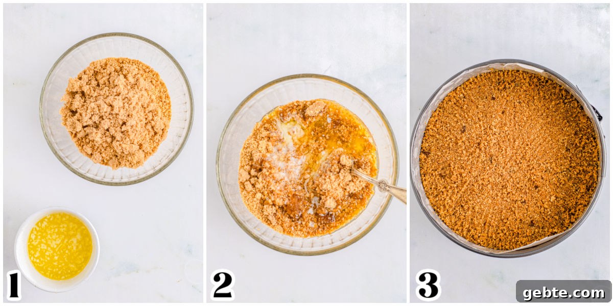 Creamy Peach Cheesecake Recipe with Fresh Peach Topping 5 The cheesecake crust mixture pressed into a springform pan.