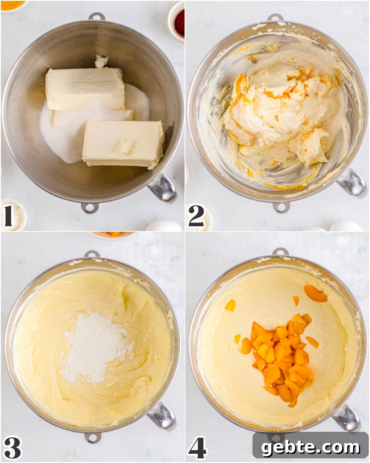 Creamy Peach Cheesecake Recipe with Fresh Peach Topping 6 The filling mixed together using a stand mixer.