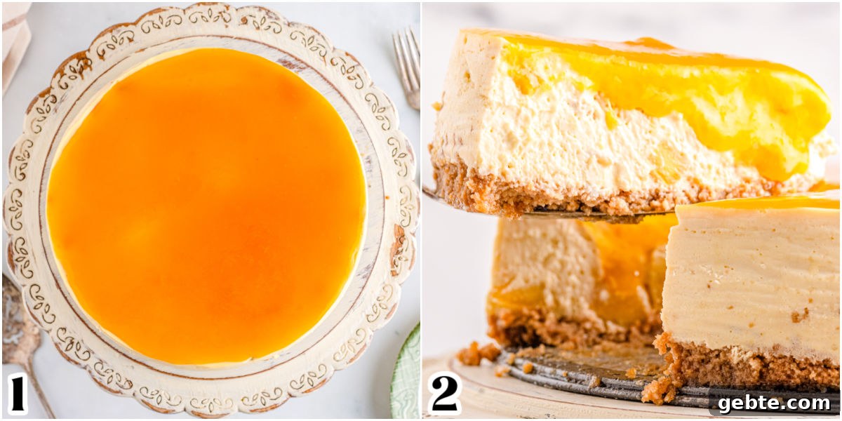 Creamy Peach Cheesecake Recipe with Fresh Peach Topping 9 Peach topping poured over cheesecake and sliced and served.