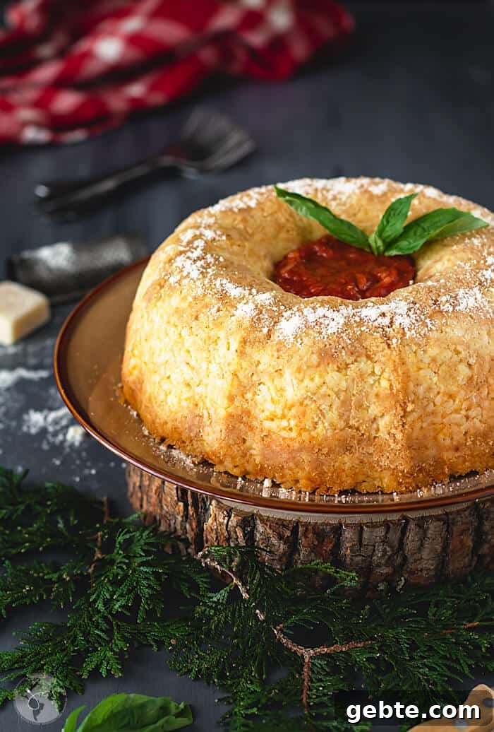Neapolitan Sausage Meatball Rice Timbale (Sartù di Riso alla Napoletana) 4 A straight shot of timbale on a plate placed on a round wooden plank