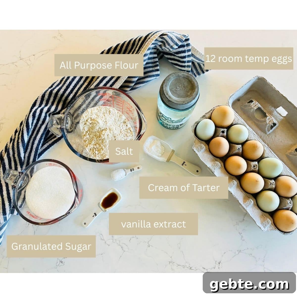 flour, sugar, salt, cream of tarter, vanilla, eggs