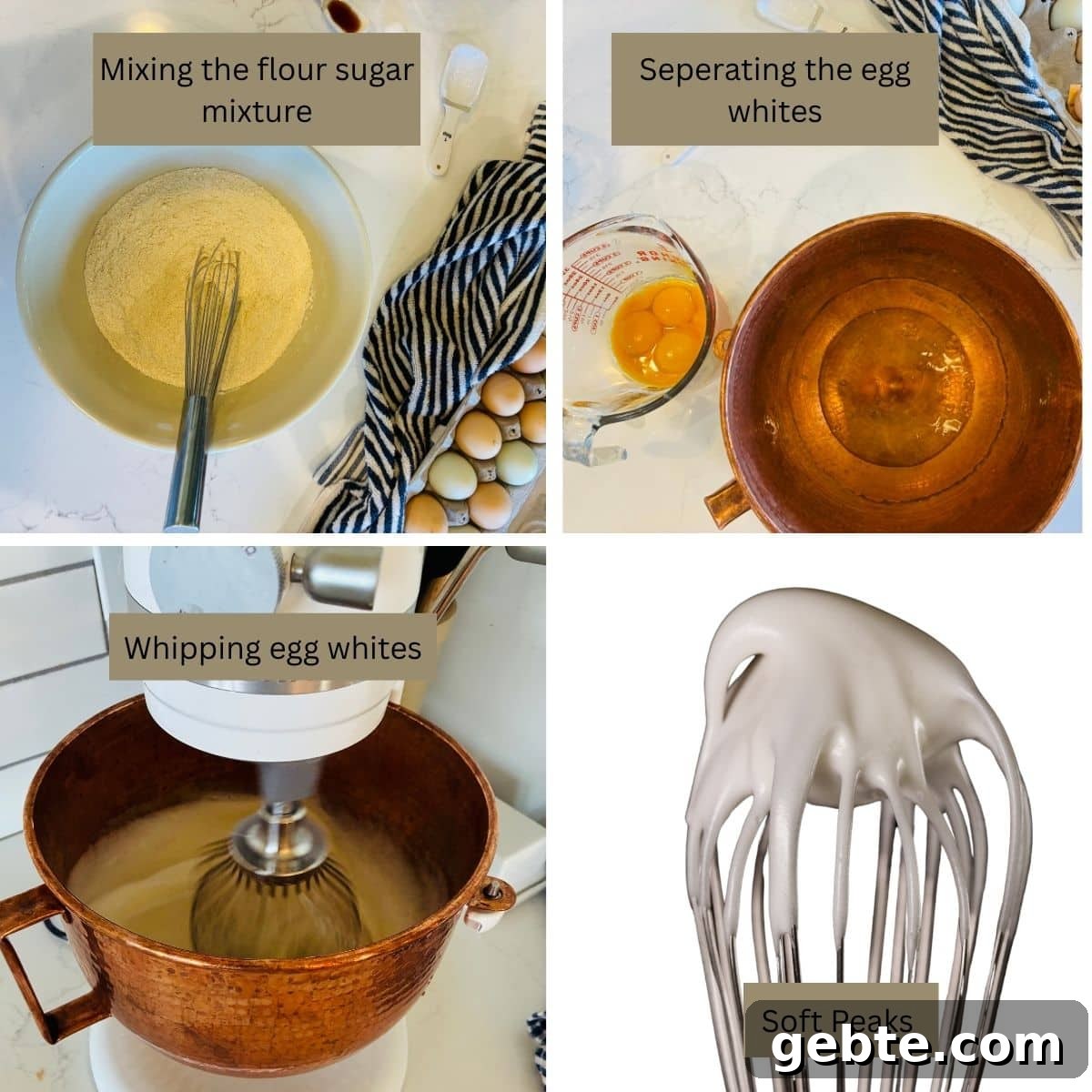 mixing the flour and sugar mixture, separating the eggs, whipping eggs with cream of tarter, soft peaks