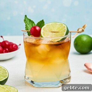 How to Make a Classic Mai Tai Cocktail at Home 9 Rum and other ingredients, mixed together to make a Mai Tai, in a clear half glass, topped with a cherry and lime slice as a garnish.