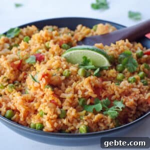 Spanish brown rice in a black bowl with a wooden spoon and sprigs of cilantro in background