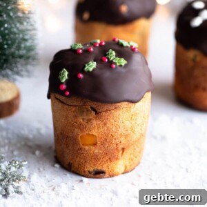 A close up of a mini Panettone topped with melted chocolate and Christmas sprinkles.