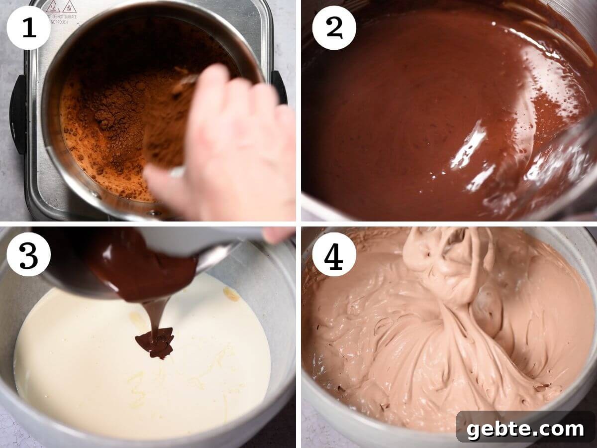 Four photos in a collage showing how to make cherry and chocolate ice cream.