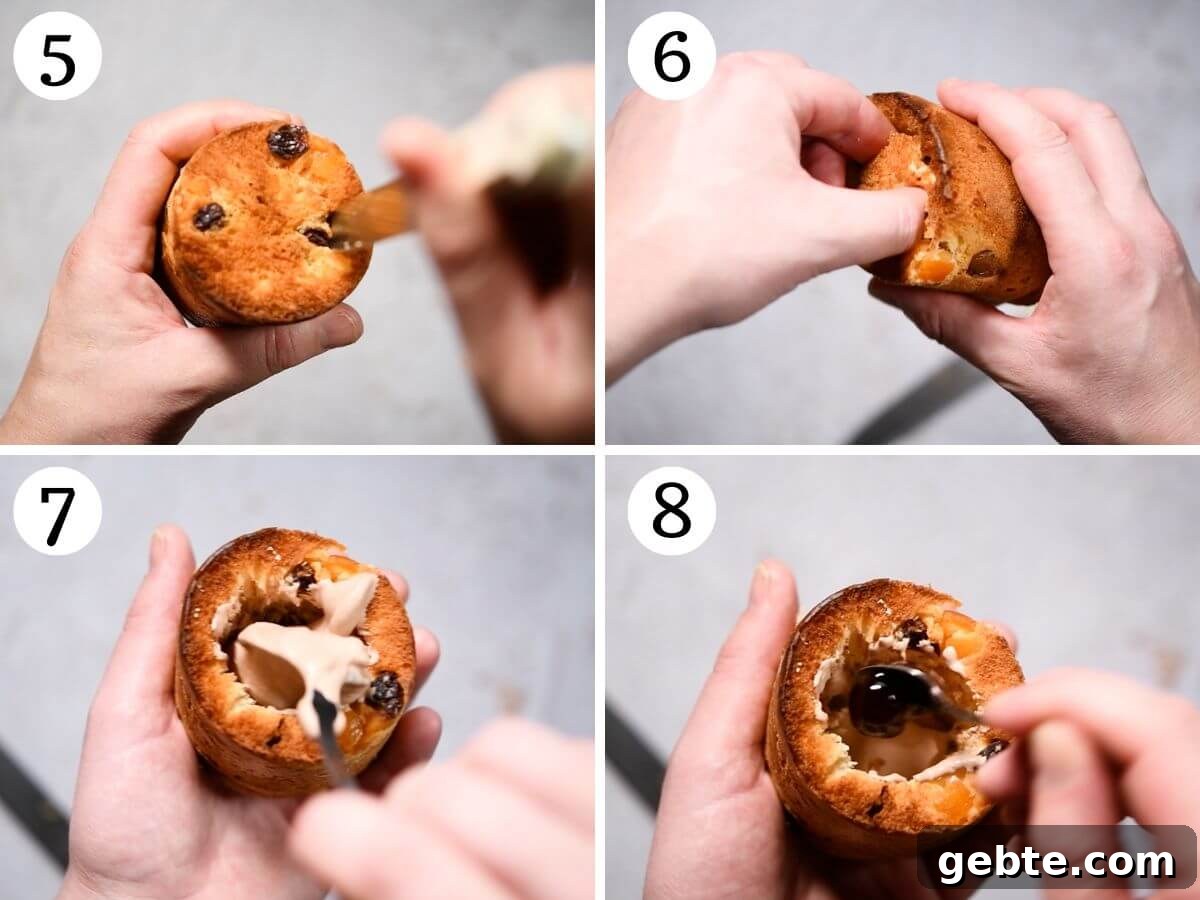Four photos in a collage showing how to hollow out mini Panettones and stuff them with ice cream.
