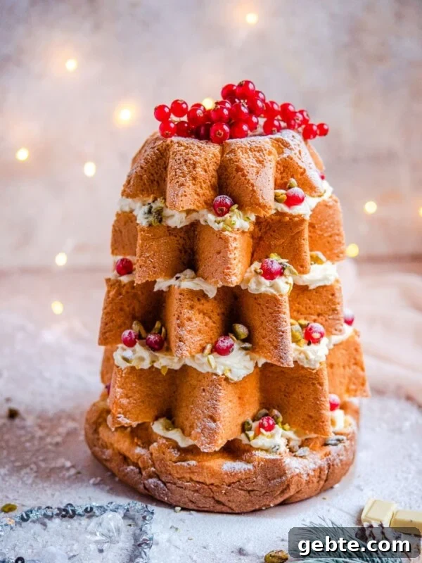 A pandoro christmas cake topped with redcurrants and nuts