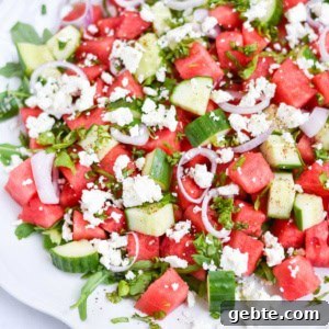 Watermelon, basil, and cucumbers, topped with feta on a white plate.