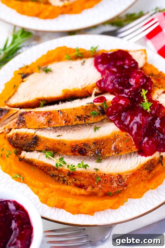 Overhead shot of Instant pot turkey breast sliced and served with cranberry sauce and mashed sweet potatoes.