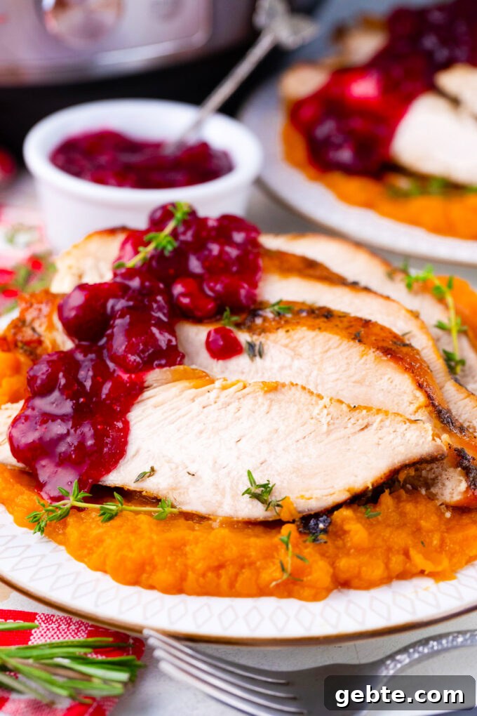 Instant pot turkey breast sliced and served with cranberry sauce and mashed sweet potatoes.