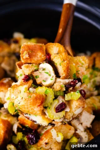 A ladle of crisp slow cooker stuffing.