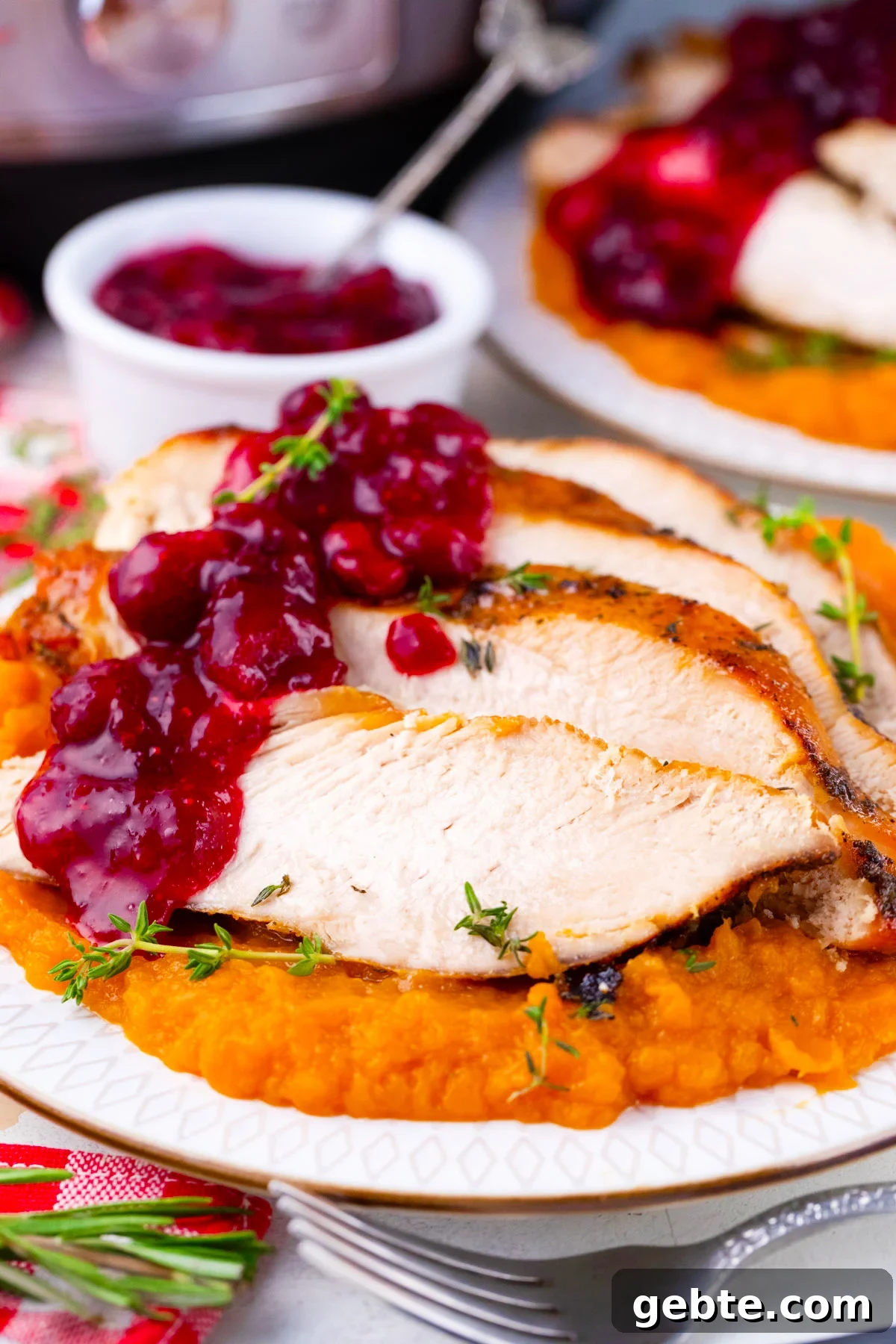 Instant pot turkey breast sliced and served with cranberry sauce and mashed sweet potatoes.