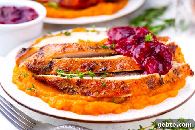 Browned Instant Pot turkey breast sliced and served with cranberry sauce and mashed sweet potatoes.