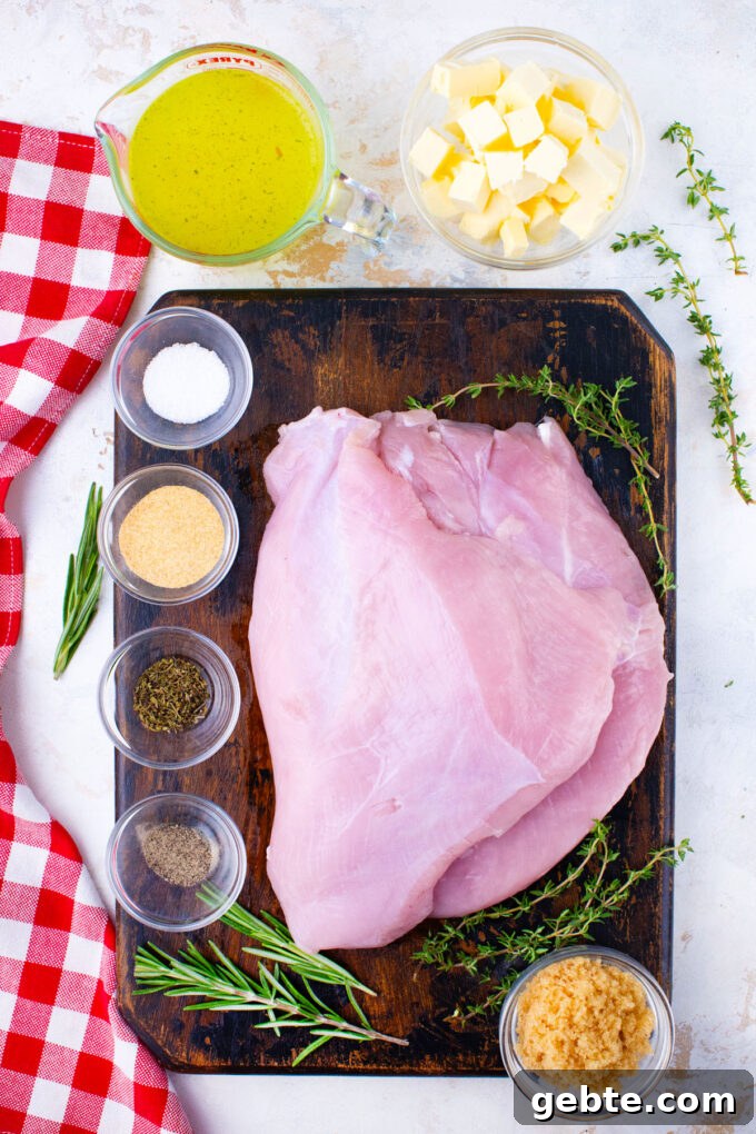 Instant pot turkey breast ingredients arranged on a white surface.