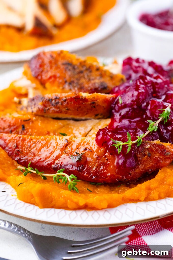 Browned instant pot turkey breast served with cranberry sauce and mashed potatoes.