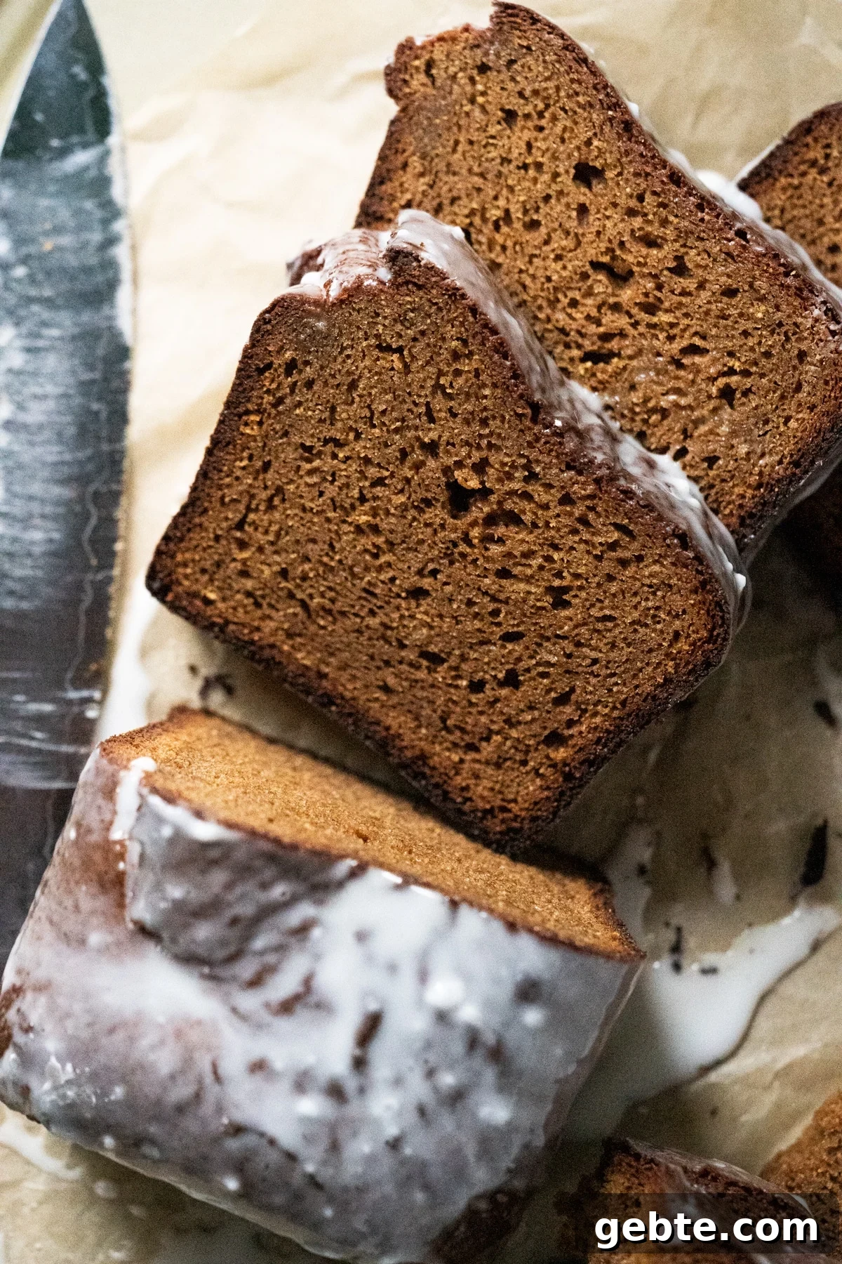 Sliced low carb gingerbread loaf showing the fluffy texture