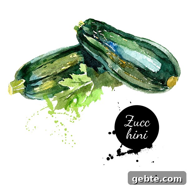 Quick Zucchini Yogurt Bread Recipe for Moist Loaf 6 Zucchini. Hand drawn watercolor painting on white background. Ve