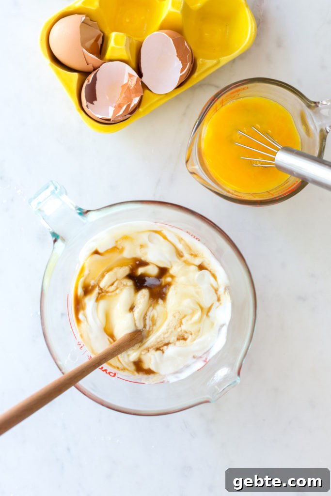 Nectarine and Crème with Pink Peppercorn Honey Cake Recipe 8 Mixing batter for Pink Peppercorn Honey Cake