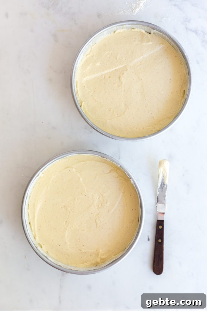 Nectarine and Crème with Pink Peppercorn Honey Cake Recipe 12 Batter filled cake pans for Pink Peppercorn Honey Cake