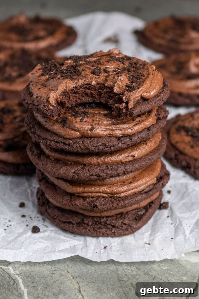 Copycat Crumbl Dirt Cake Cookie Recipe — Soft Chocolate Cake Cookies 2 Copycat crumbl cookies stacked on top of each other.