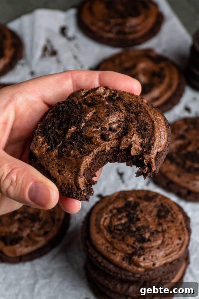 Copycat Crumbl Dirt Cake Cookie Recipe — Soft Chocolate Cake Cookies 5 Copycat Crumble chocolate cake cookie recipe with a bite taken out.