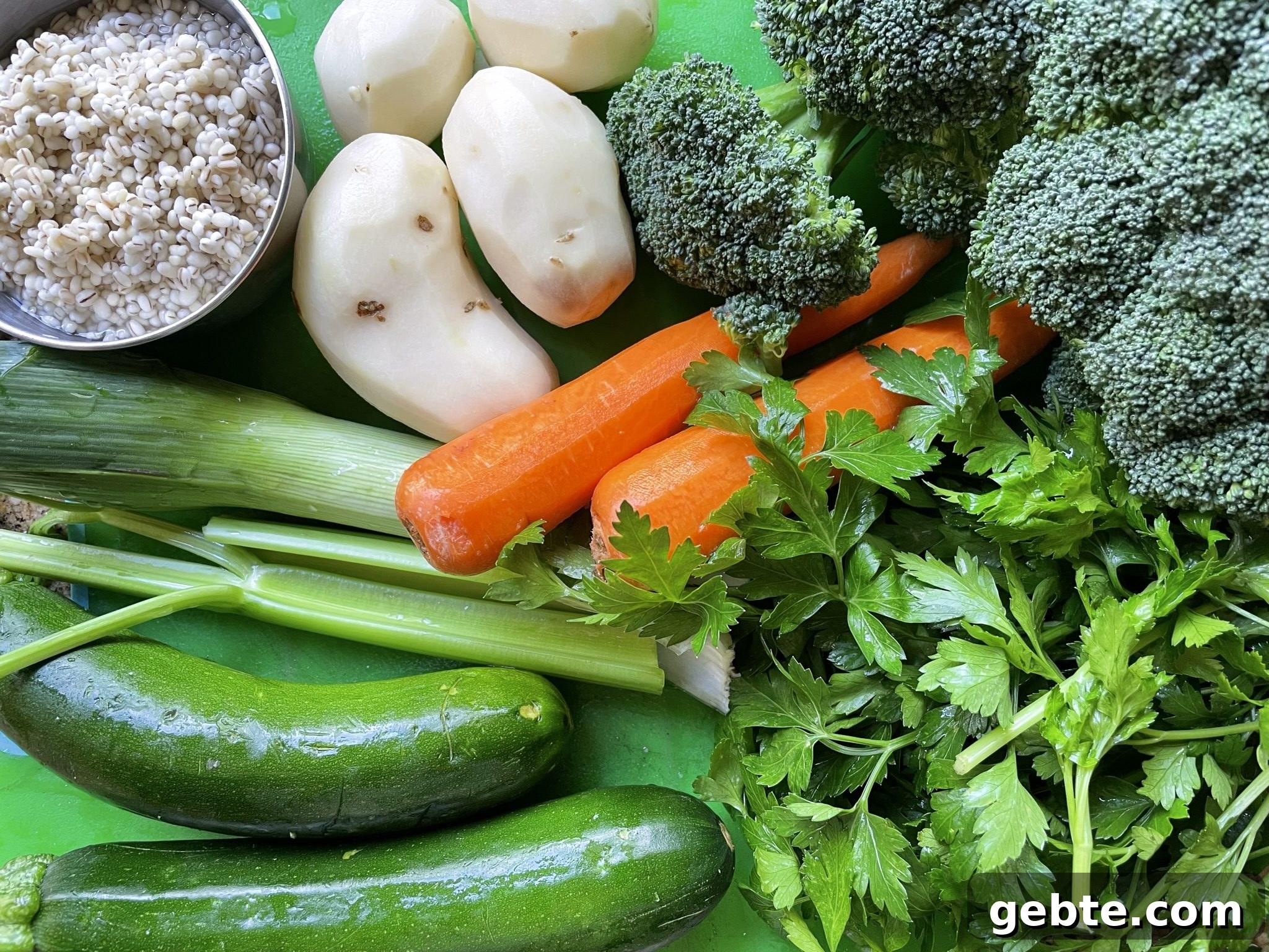 Vegetables and soaked barley for soup