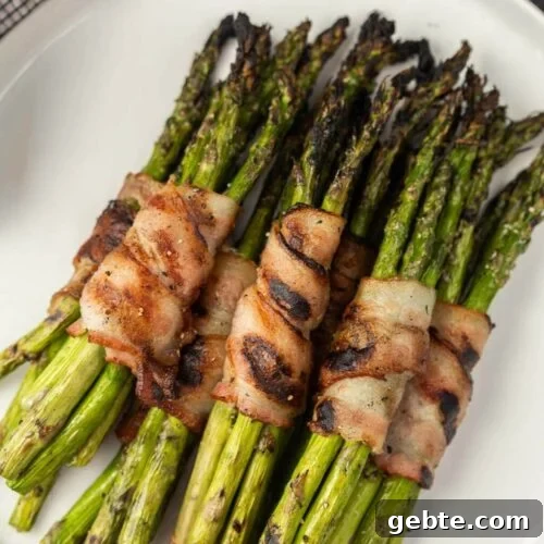 63 Flavorful Grilled Vegetable Recipes for Every Meal 22 Bacon wrapped asparagus stacked on a plate