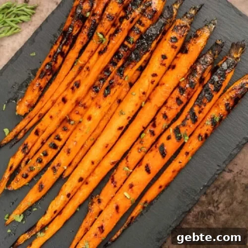 63 Flavorful Grilled Vegetable Recipes for Every Meal 4 Grilled carrots on a slate board with herbs.
