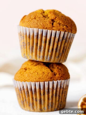 Close up image of two stacked pumpkin muffins on a white surface with pink background.