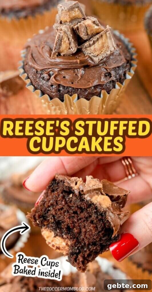 Reese’s Cupcake Recipe: Chocolate Cupcakes Stuffed with Reese’s Cups 10 2 photo collage showing inside and outside of a Reese's stuffed cupcake