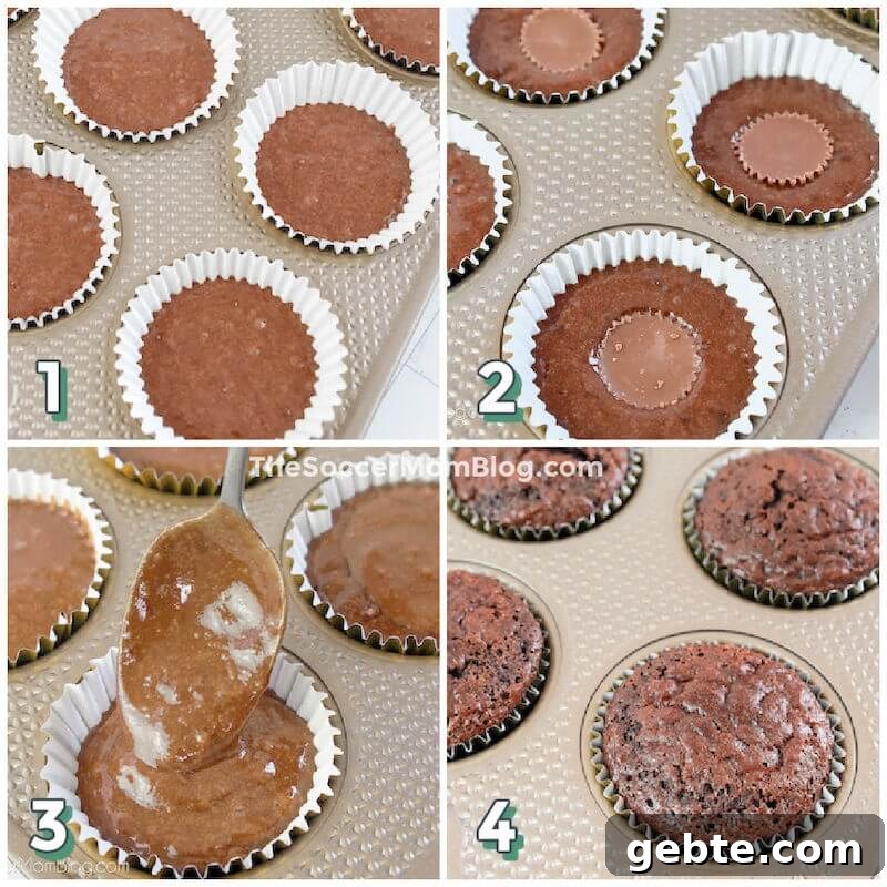 Reese’s Cupcake Recipe: Chocolate Cupcakes Stuffed with Reese’s Cups 6 4-step photo collage showing how to make Reese's stuffed cupcakes