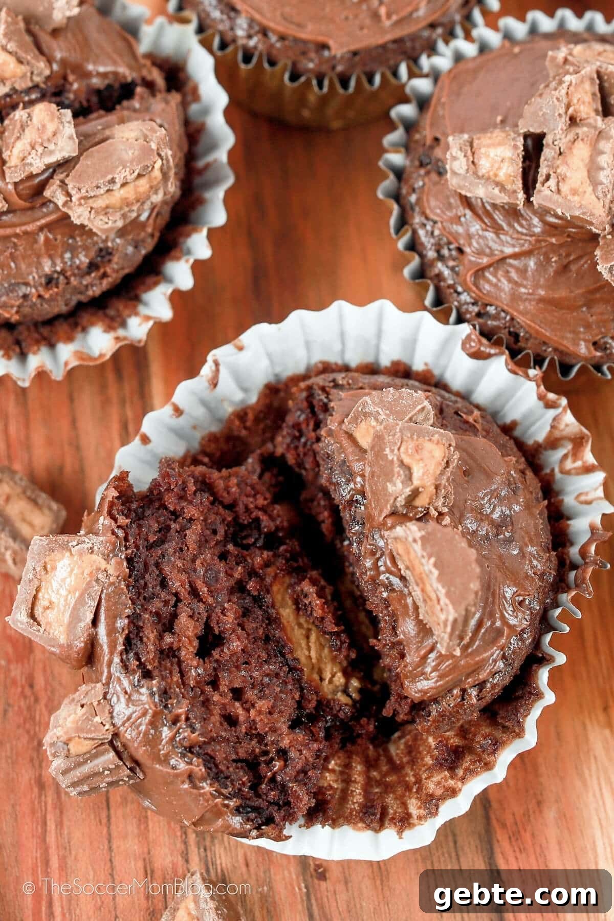 Reese’s Cupcake Recipe: Chocolate Cupcakes Stuffed with Reese’s Cups 8 cupcakes with Reese's cups inside