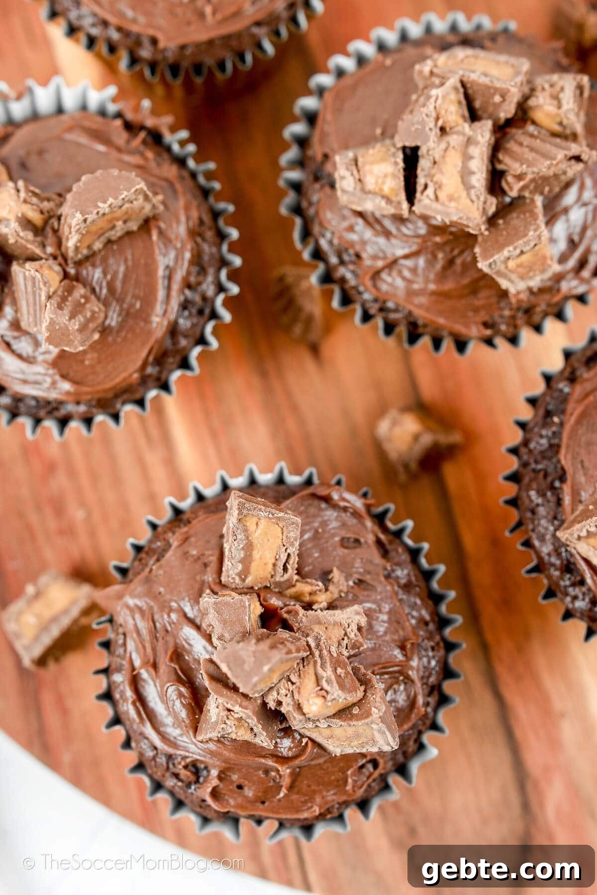Reese’s Cupcake Recipe: Chocolate Cupcakes Stuffed with Reese’s Cups 9 bird's eye view of chocolate cupcakes with peanut butter cup pieces on top