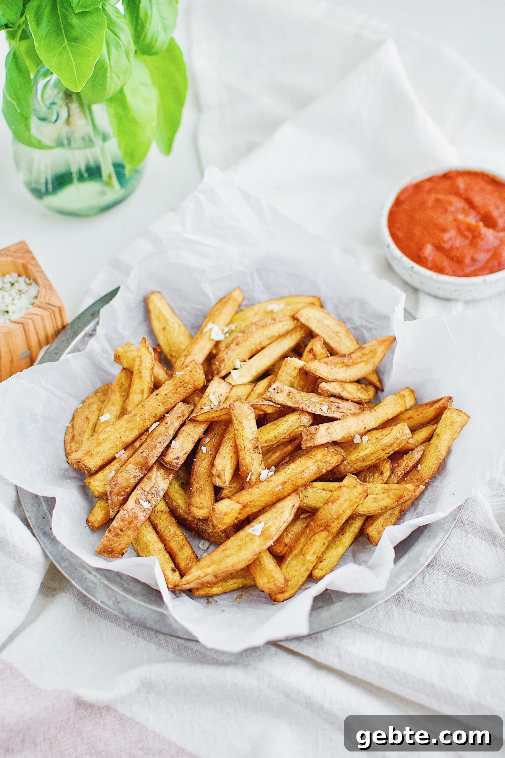Yukon gold potatoes and cut into fries and deep fried a second time with truffle ketchup to dip them in