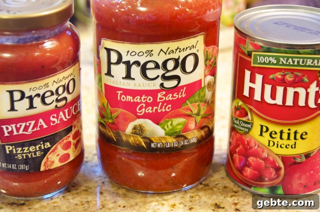 pizza sauce, spaghetti sauce and diced tomatoes