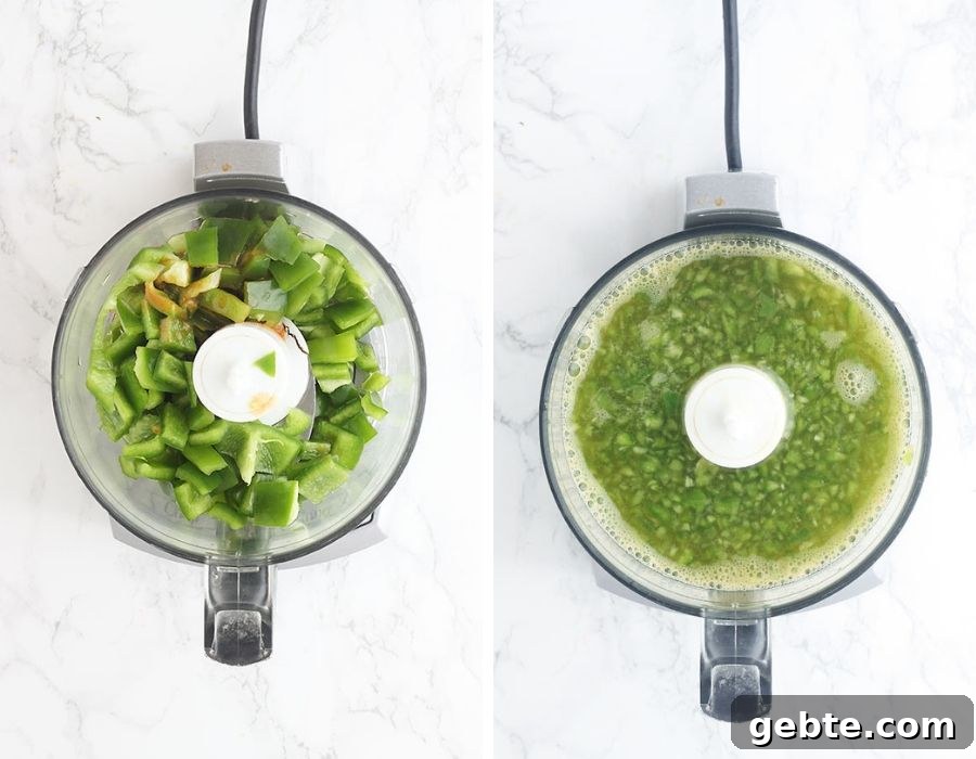 on the left, diced peppers, hot sauce and vinegar in a food processor. In the right pureed pepper mixture in a food processor.