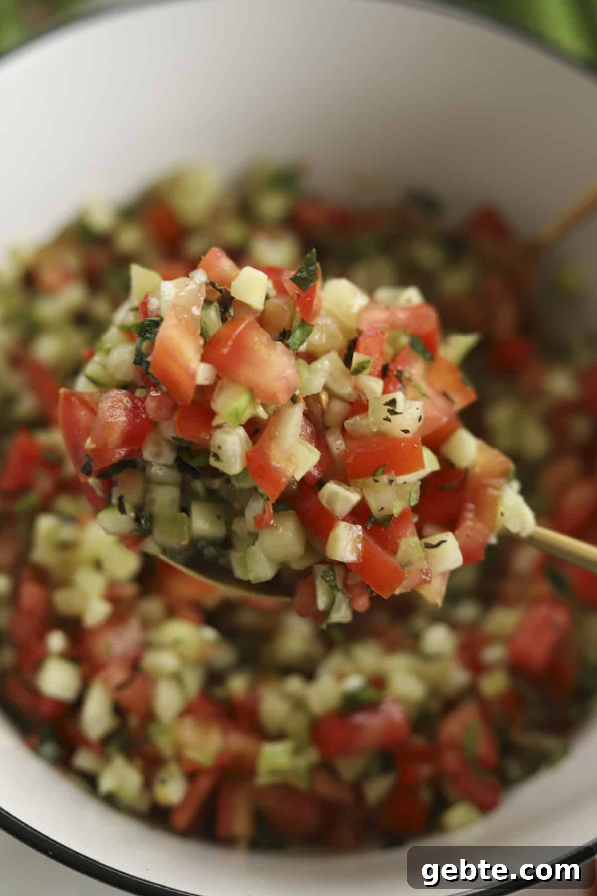 close up image of a spoonful of tomato and cucumber salad