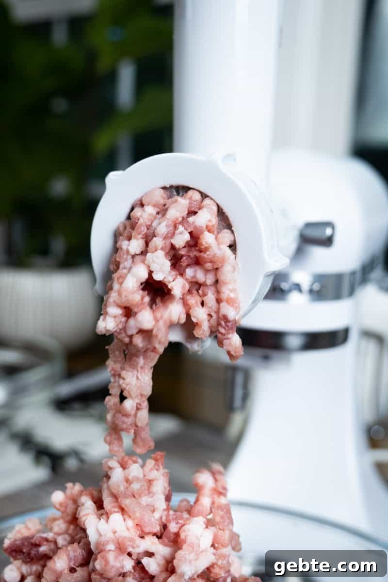 pork falling out of the meat grinder