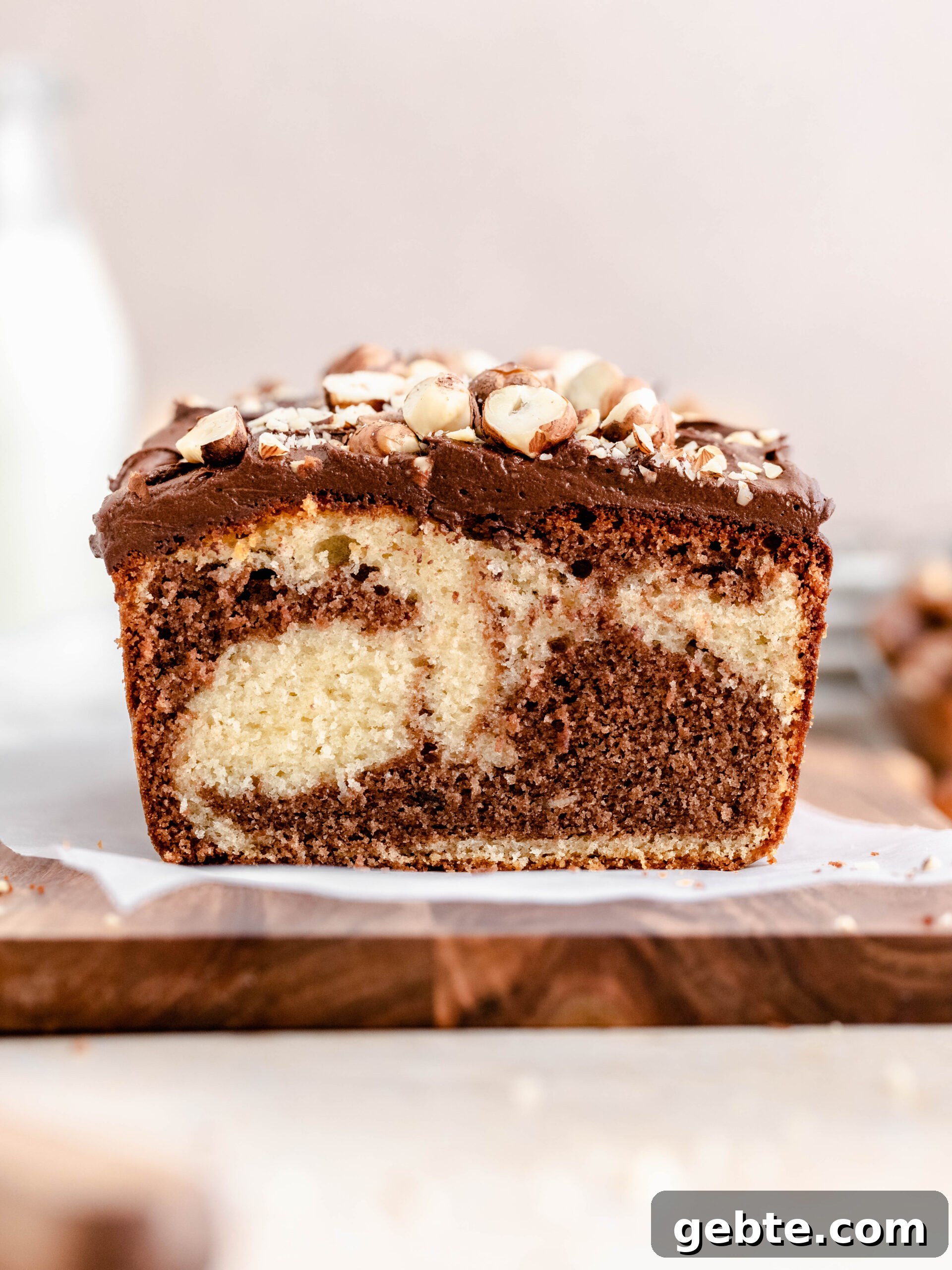 Nutella loaf cake on a tray.